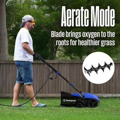 Man using powerful 13 Inch 12 Amp Two In One Electric Dethatcher And Scarifier with collection bag on lawn for aeration