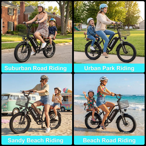 Two Seat Electric Bike For Adults With Rear Seat And Front Basket, Peak 1000W Ebike, 48V 13Ah Battery on various terrains