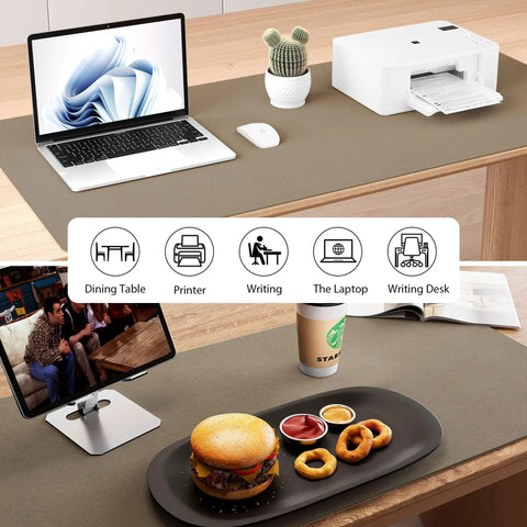 Dual Sided Desk Mat With Leather And Cork Surface For Office Or Home, Large Mouse Pad And Writing Pad, shown with laptop and printer