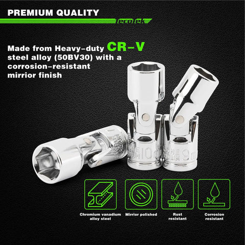 One Quarter Inch Drive Universal Joint Socket Set With Swivel Heads Six Point SAE Three Sixteenths To Nine Sixteenths Inch And Metric Five To Fifteen Millimeter CR-V Steel Flex Sockets For Easy Access In Tight Spaces, CR-V mirror-polished universal joint sockets