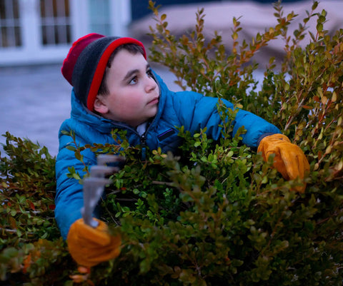 Child wearing Durable Synthetic Leather Kids Garden Gloves For 7 To 9 Year Olds, working in bushes, holding a tool