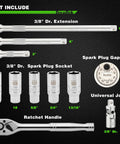 All In One 11 Piece Spark Plug Socket Set With Three Eighth Inch Drive Ratchet Gapper Universal Joint And Three, Six, Ten Inch Extensions Sizes Five Eighths Three Quarters Thirteen Sixteenths Fourteen And Eighteen Millimeter Six Point Sockets With Rubber, showing tools and components.
