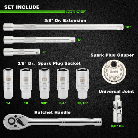 All In One 11 Piece Spark Plug Socket Set With Three Eighth Inch Drive Ratchet Gapper Universal Joint And Three, Six, Ten Inch Extensions Sizes Five Eighths Three Quarters Thirteen Sixteenths Fourteen And Eighteen Millimeter Six Point Sockets With Rubber, showing tools and components.