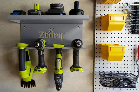 Cordless Drill Tool Organizer Wall Mount Charger and Storage Rack for Garage Organization, holding drills and chargers.