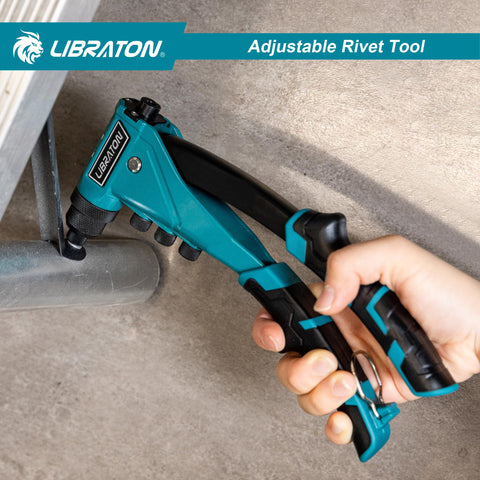 Heavy Duty Pop Rivet Gun Kit For Pros And DIYers in use on metal surface, showing manual riveter operation