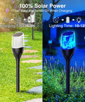 Solar Outdoor Lights 6 Pack Tiki Torches With Flickering Flame in garden, day and night view with blue flame