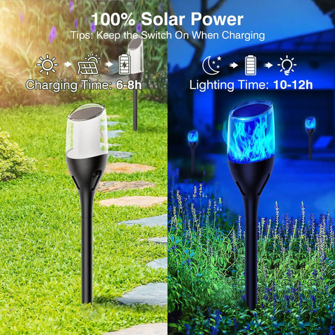Solar Outdoor Lights 6 Pack Tiki Torches With Flickering Flame in garden, day and night view with blue flame