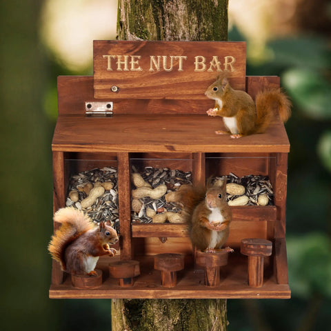 Wooden Squirrel Picnic Table Feeder With Multi Compart ment Seed Storage And Five Level Bar Stools Durable Outdoor Squirrel Feeder For Corn Cobs And Mixed Seeds Stable Table Style Wildlife Feeder 12.2 X 6.6 X 12.2 Inches on a tree trunk with squirrels eating.