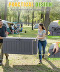 People carrying 82 Gallon Outdoor Storage Box With Lid For Patio Furniture Garden Tools And Pool Supplies Weatherproof UV Resistant Lockable Gray Backyard Organizer Pro in a park, with close-up of lock and handle features.