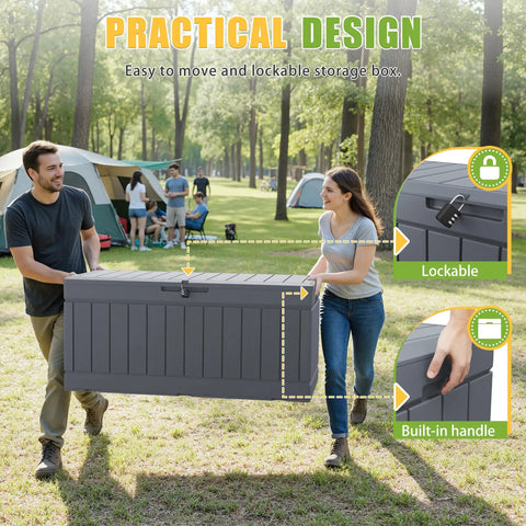 People carrying 82 Gallon Outdoor Storage Box With Lid For Patio Furniture Garden Tools And Pool Supplies Weatherproof UV Resistant Lockable Gray Backyard Organizer Pro in a park, with close-up of lock and handle features.