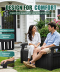 Two people sitting on a black 80 Gallon Lockable Storage Bench Deck Box For Patio Furniture And Outdoor Gear with ergonomic design.