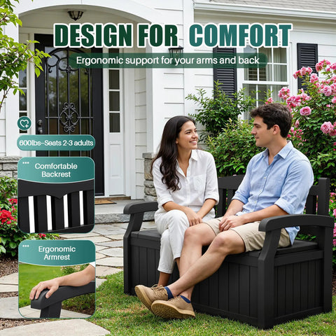 Two people sitting on a black 80 Gallon Lockable Storage Bench Deck Box For Patio Furniture And Outdoor Gear with ergonomic design.