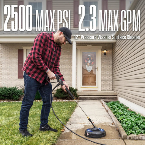 Man using 12 Inch Pressure Washer Surface Cleaner Attachment For Up To 2500 PSI With 1/4 Inch Quick Connect on walkway