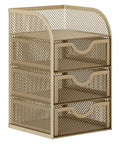 Gold mesh desk organizer with 3 drawers, heavy duty desktop storage caddy for office and home use with non-slip feet
