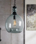 Ginormous Mouth Blown Glass Pendant Light Fixture with 13 Inch Clear Globe Shade, handmade recycled glass, 21 Inch height