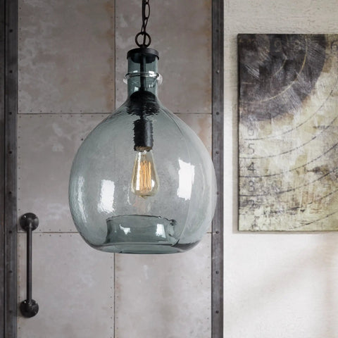 Ginormous Mouth Blown Glass Pendant Light Fixture with 13 Inch Clear Globe Shade, handmade recycled glass, 21 Inch height