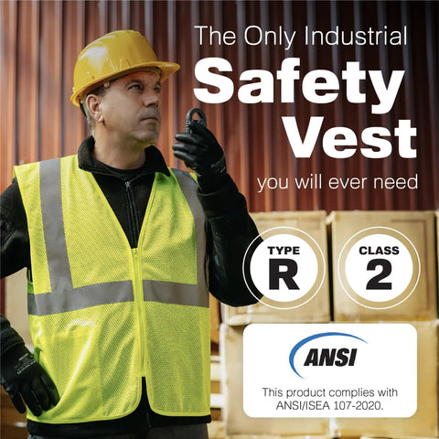 High Visibility Safety Vest Type R Class 2 Ansi Certified Lime Mesh worn by worker, featuring secure zipper and reflective strips.