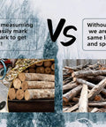 Heavy Duty Steel Firewood Measuring Tool With Rock Solid Magnetic Base For Chainsaw Bar Mount being used to measure firewood against unmeasured logs.