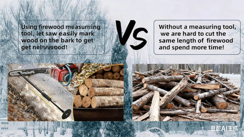 Heavy Duty Steel Firewood Measuring Tool With Rock Solid Magnetic Base For Chainsaw Bar Mount being used to measure firewood against unmeasured logs.