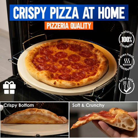 16 Inch Pizza Stone For Oven And Grill With Handles Round Five Eighth Inch Thick Cordierite Baking Stone For Crispy Grill Ready Chef Grade Crust Heat Resistant Up To 1800F Includes Stainless Rack And Plastic Scraper Tool with pizza.