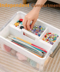 17 Quart Clear Plastic Storage Bins With Four Compartment Removable Tray, showcasing craft supplies and easy grip handle.