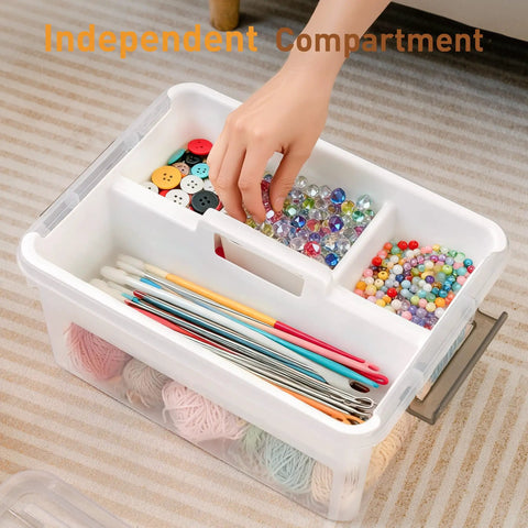 17 Quart Clear Plastic Storage Bins With Four Compartment Removable Tray, showcasing craft supplies and easy grip handle.