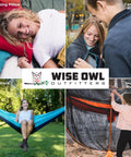 Wise Owl camping gear collage: pillow, blanket, hammock, bug net, and Cozy Hammock Chair For Adults That Feels Like A Chill Rocking Lounger Portable Folding Camp Chair With Carry Bag Perfect For Lawn Campsite And Outdoor Relaxation By The Fire.