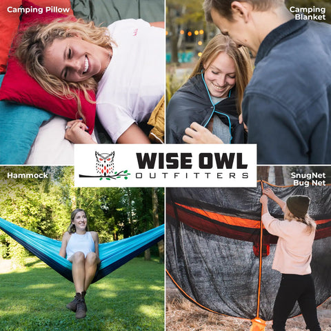 Wise Owl camping gear collage: pillow, blanket, hammock, bug net, and Cozy Hammock Chair For Adults That Feels Like A Chill Rocking Lounger Portable Folding Camp Chair With Carry Bag Perfect For Lawn Campsite And Outdoor Relaxation By The Fire.