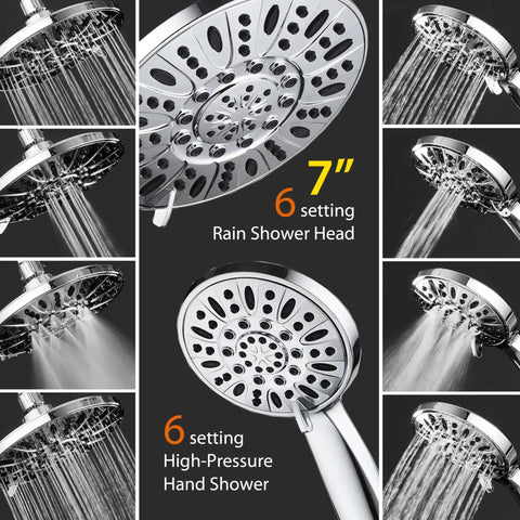 7 Inch Premium High Pressure 3 Way Rain Shower Combo With Lux Rainfall Head And Dope 6 Setting Handheld Shower Use Separately Or Together Chrome Finish Durable Quality For Spa Like Morning Showers, showing close-ups of rain and handheld shower heads.