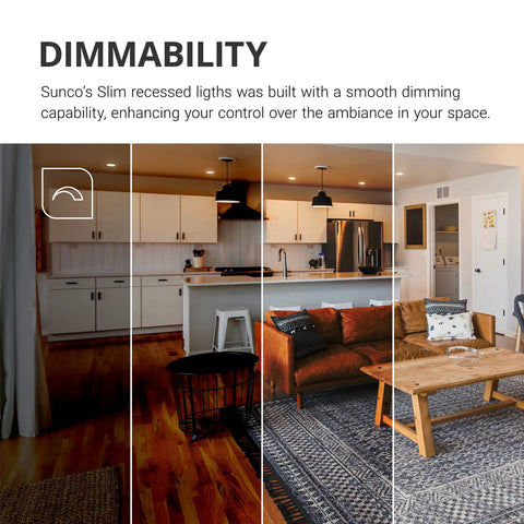Living room lighting dimming effect showing 6 Pack Recessed 3 Inch Eyeball Gimbal LED Downlights With Jbox 7W Ultra Slim Canless Dimmable Selectable CCT
