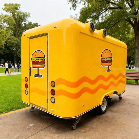 Mobile Food Truck And Snack Cart For Sale Featuring Custom Commercial Trailer Built For Coffee Stands And Burger Joints, yellow rear view.