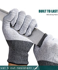Cut-resistant gloves holding a sharp knife, demonstrating durability and protection, labeled 'Built to Last' with ultra-strong fibers.