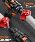 2-in-1 PVC deburring tool with red inner and outer chamfer heads on a drill-style driver