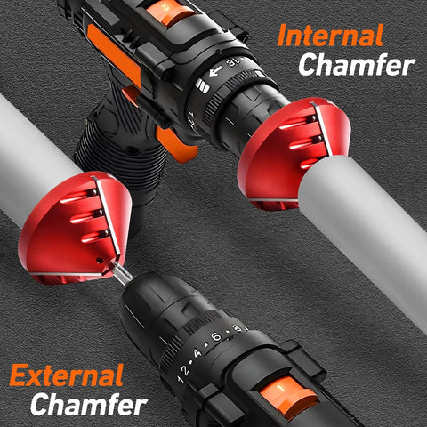 2-in-1 PVC deburring tool with red inner and outer chamfer heads on a drill-style driver