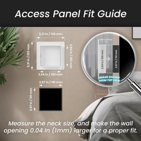 Access Panel Fit Guide showing dimensions for White Abs Plastic Access Panel For Drywall And Ceiling With Hinged Door Rustproof