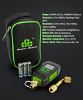 Digital micron vacuum gauge kit with 1/4" SAE fittings, LCD display, brass connectors, black case with neon green trim