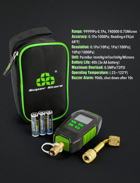 Digital micron vacuum gauge kit with 1/4" SAE fittings, LCD display, brass connectors, black case with neon green trim