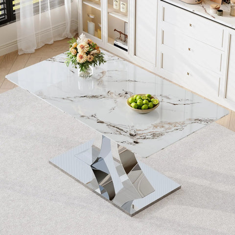 Modern marble tabletop with chrome base, featuring flowers and fruit; tabletop not showing Beefy Industrial Grade Heavy Duty Metal Table Legs.