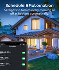 BR30 Smart LED Bulb With WiFi Multicolor RGB Dimmable And Energy Efficient 16 Million Colors Works With Alexa And Google Assistant Hands Free Voice Control A No Brainer For Living Room Or Bedroom 4 Pack, showing scheduled lighting on smartphone app with a house in the evening.