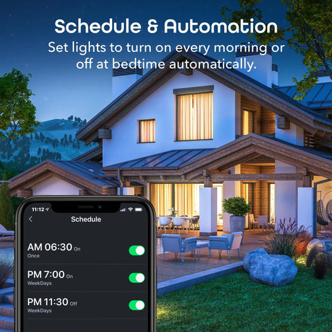 BR30 Smart LED Bulb With WiFi Multicolor RGB Dimmable And Energy Efficient 16 Million Colors Works With Alexa And Google Assistant Hands Free Voice Control A No Brainer For Living Room Or Bedroom 4 Pack, showing scheduled lighting on smartphone app with a house in the evening.