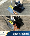 Heavy Duty Commercial Dustpan With Wheels And Windproof Cover, shown collecting leaves outdoors with yellow-handled broom