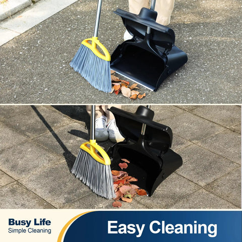 Heavy Duty Commercial Dustpan With Wheels And Windproof Cover, shown collecting leaves outdoors with yellow-handled broom