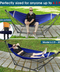 Camping Hammock With Stand Easy Setup For Two Person 600 Lb Capacity Collapsible Hammock And Heavy Duty Multifunctional Stand No Screws Noiseless Frame Portable Blue Outdoor Gear with person sitting and lying down