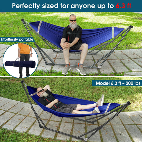 Camping Hammock With Stand Easy Setup For Two Person 600 Lb Capacity Collapsible Hammock And Heavy Duty Multifunctional Stand No Screws Noiseless Frame Portable Blue Outdoor Gear with person sitting and lying down