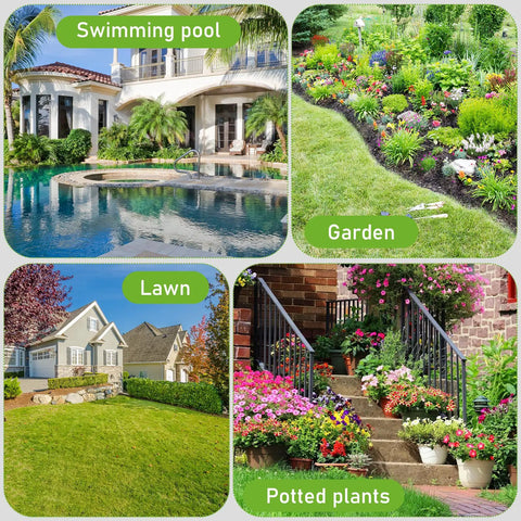 Swimming pool, garden, lawn, potted plants in outdoor settings