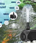 Submersible Water Pump 880GPH 60W Ultra Quiet Fountain Pump with water stream, set in a fish pond with koi fish, KF206 model