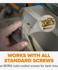 Pro Level Automatic Pocket Hole Jig Kit With Self Calibrating Drill Guide And Fifty Rustproof Screws shown using BORA color-coded screws.