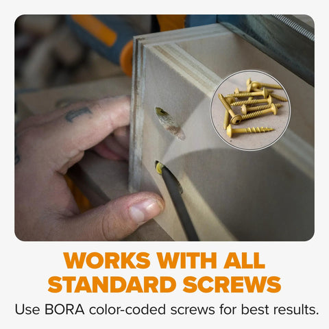 Pro Level Automatic Pocket Hole Jig Kit With Self Calibrating Drill Guide And Fifty Rustproof Screws shown using BORA color-coded screws.