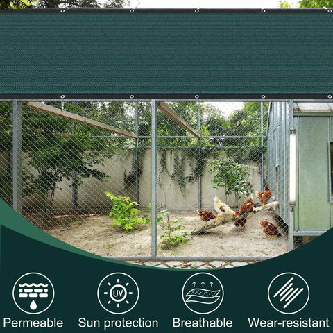 Chicken coop shaded by 80 Percent Sun Shade Cloth With Grommets For Pergola And Patio Cover, Breathable Mesh Shade Tarp For Garden.