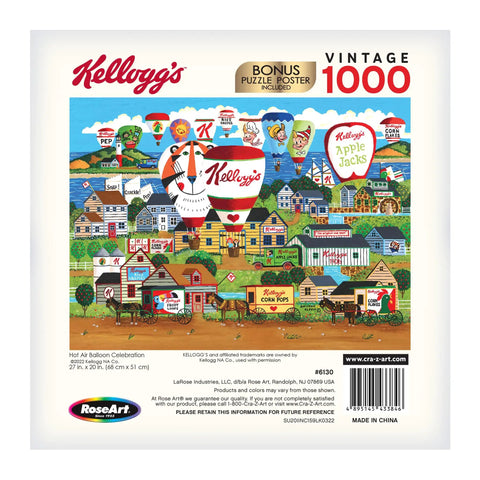 Packaging of Hot Air Balloon Celebration 1000 Piece Jigsaw Puzzle For Adults With Interlocking Pieces Eco Friendly Recycled Paperboard Vegetable Ink Print 20 By 27 Inch Finished Size Great For Family Night with vintage Kellogg's design.